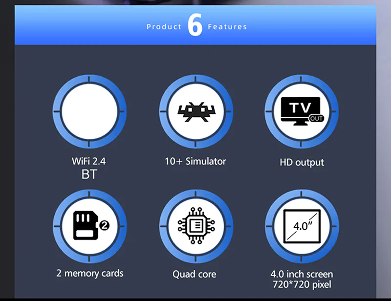 WiFi 2.4 BT, 10+ emulator, HD output, 2 memory cards, quad core