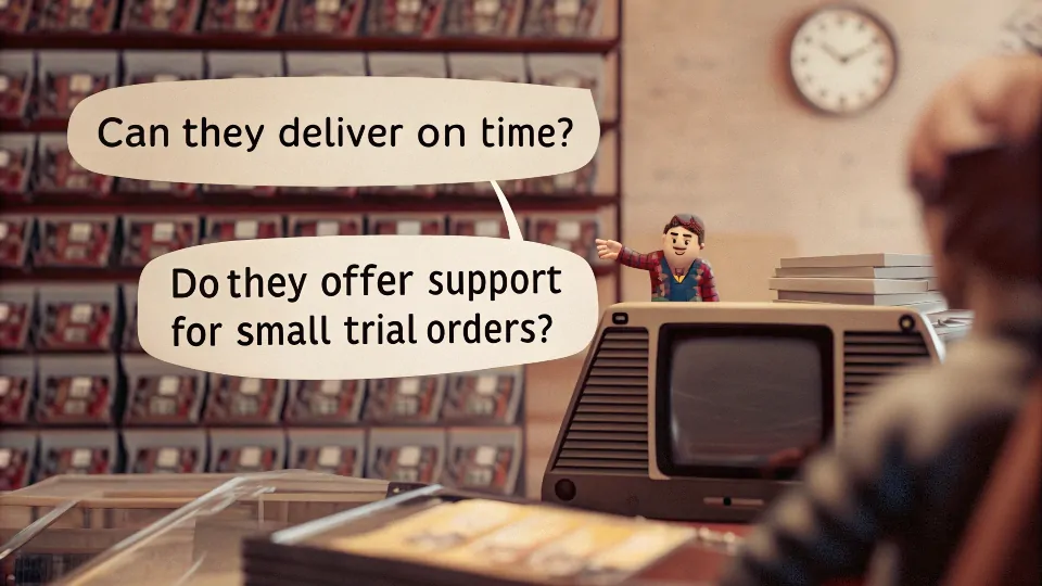 Game Console Dealer Considerations A retail store owner looking thoughtfully at his inventory of game consoles.